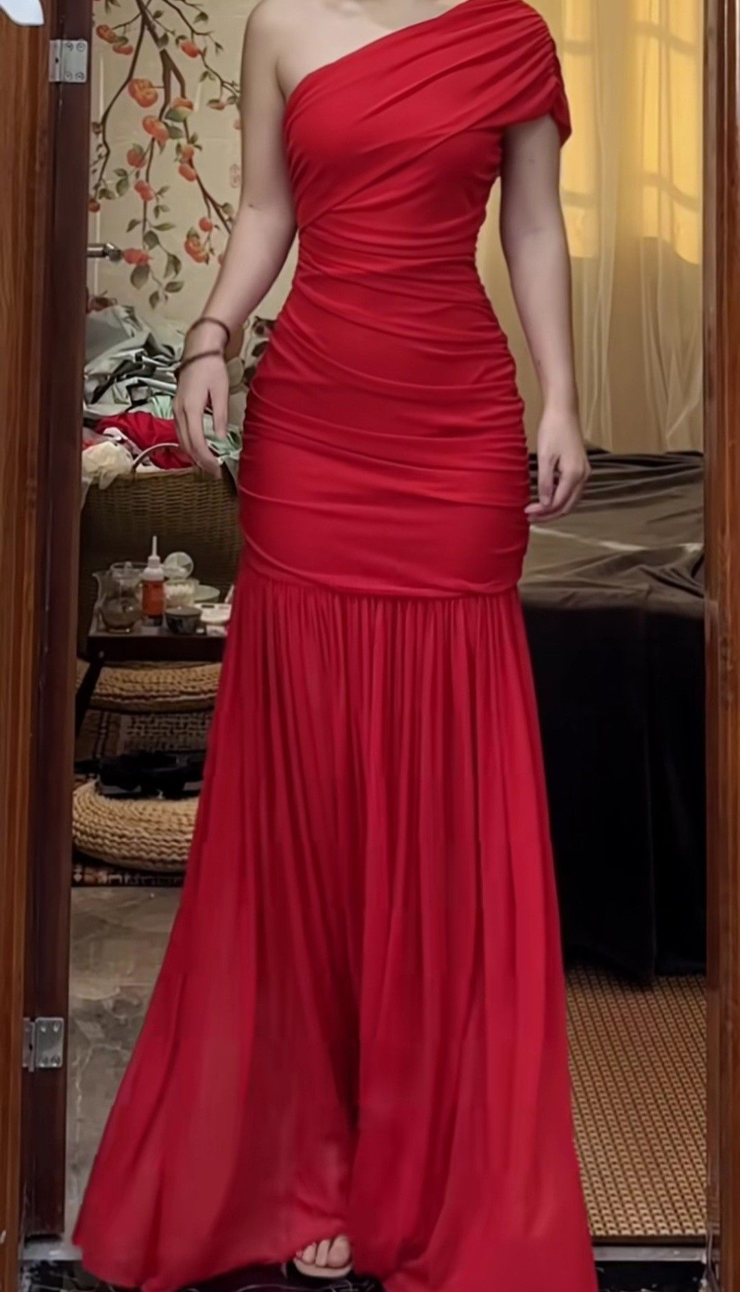 Elegant One Shoulder Red Chiffon Pleated Mermaid Prom Dress Long evening Gown