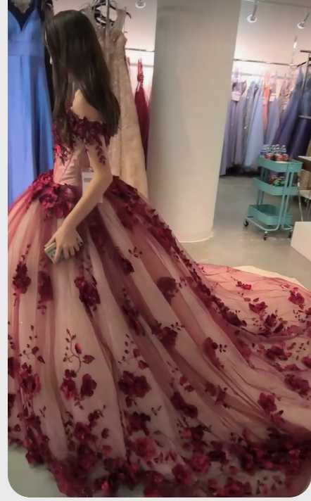 Red tulle flower strapless off the shoulder long train prom ball gown Sweet 16 Dress