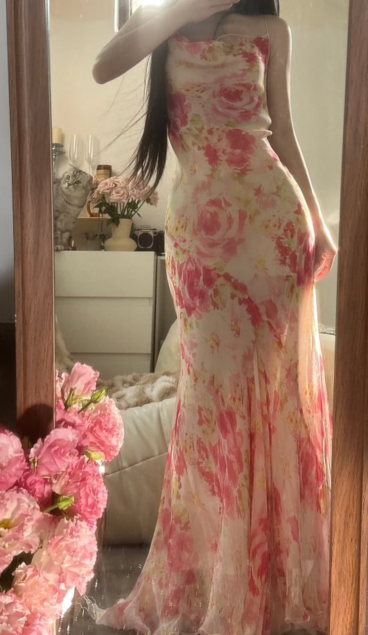 Fairy Spaghetti Straps Pink Chiffon Rose Floral Mermaid Long Party Dress 18th Birthday Outfits