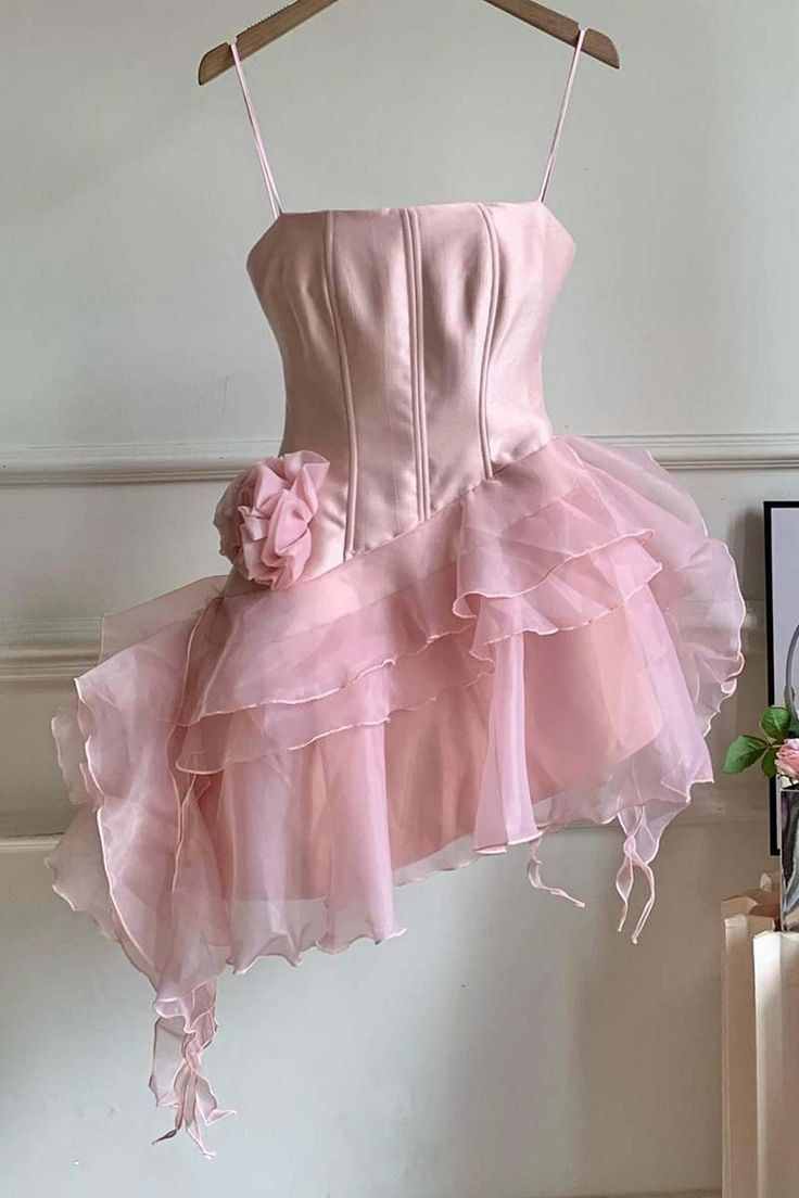 Charming Pink Spaghetti Straps Tulle Satin A-Line Mini Homecoming Dress Short Party Dress