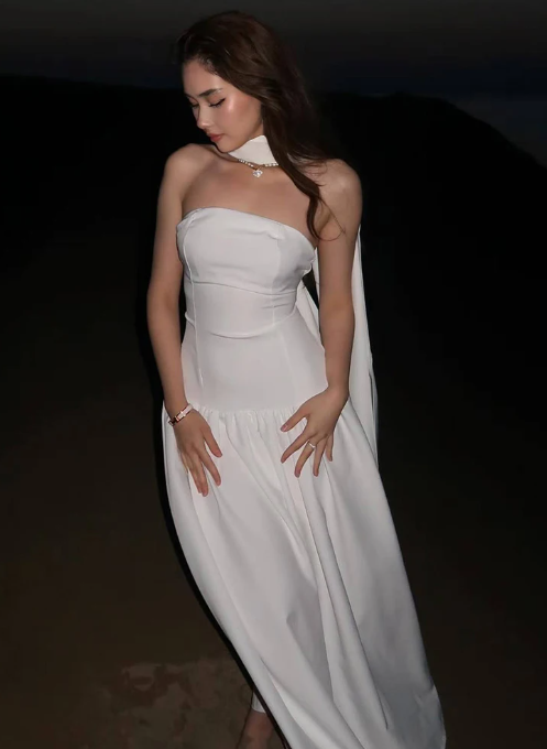 Classy Sleeveless Pink Satin Strapless Long Party Dress Prom Dress With Scarf