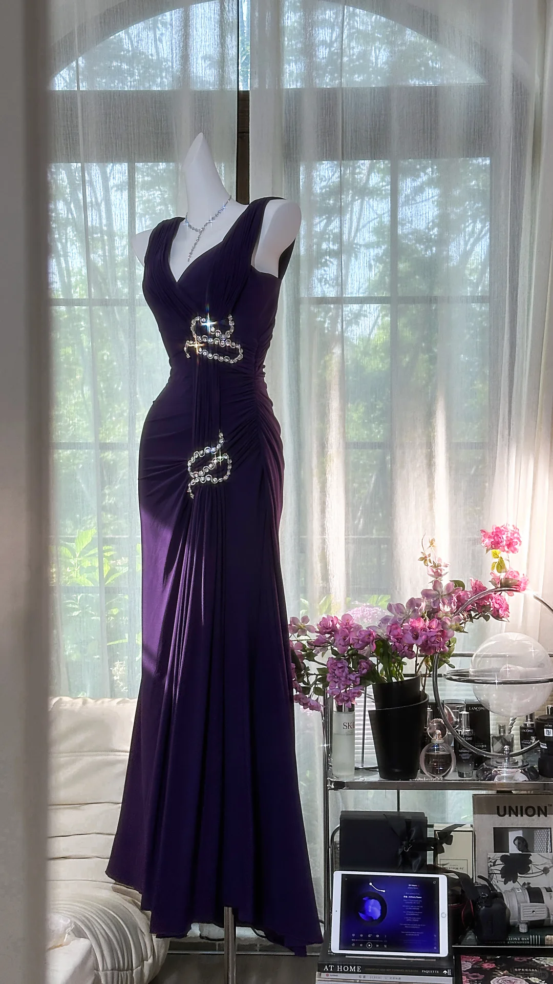 Pretty V Neck Purple Chiffon Beaded Mermaid Party Dress Formal Birthday Prom Dress