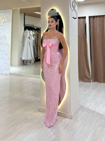 Gorgeous Spaghetti Straps Pink Sequin Beaded Mermaid Evening Dress Long Party Dress