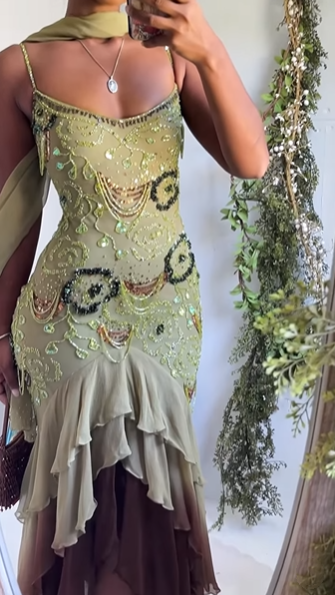 Classy Spaghetti Strap Sage Green Chiffon Beaded Mermaid Evening Dress Long Birthday Party Dress With Scarf