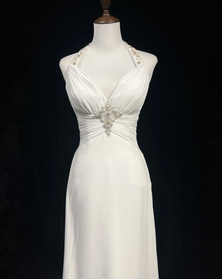 Charming White Halter Chiffon Beaded Long Wedding Guest Dress Formal Birthday Prom Dress Evening Dress
