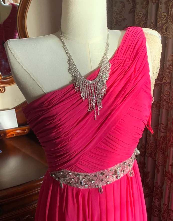 Pretty Rose Red One Shoulder Chiffon Pleated Beaded Evening Dress Long Wedding Guest Dress