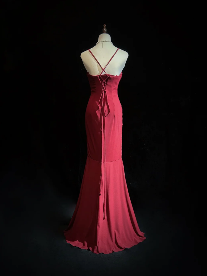 Classy Spaghetti Straps Burgundy Satin Pleated Mermaid Long Party Evening Dress
