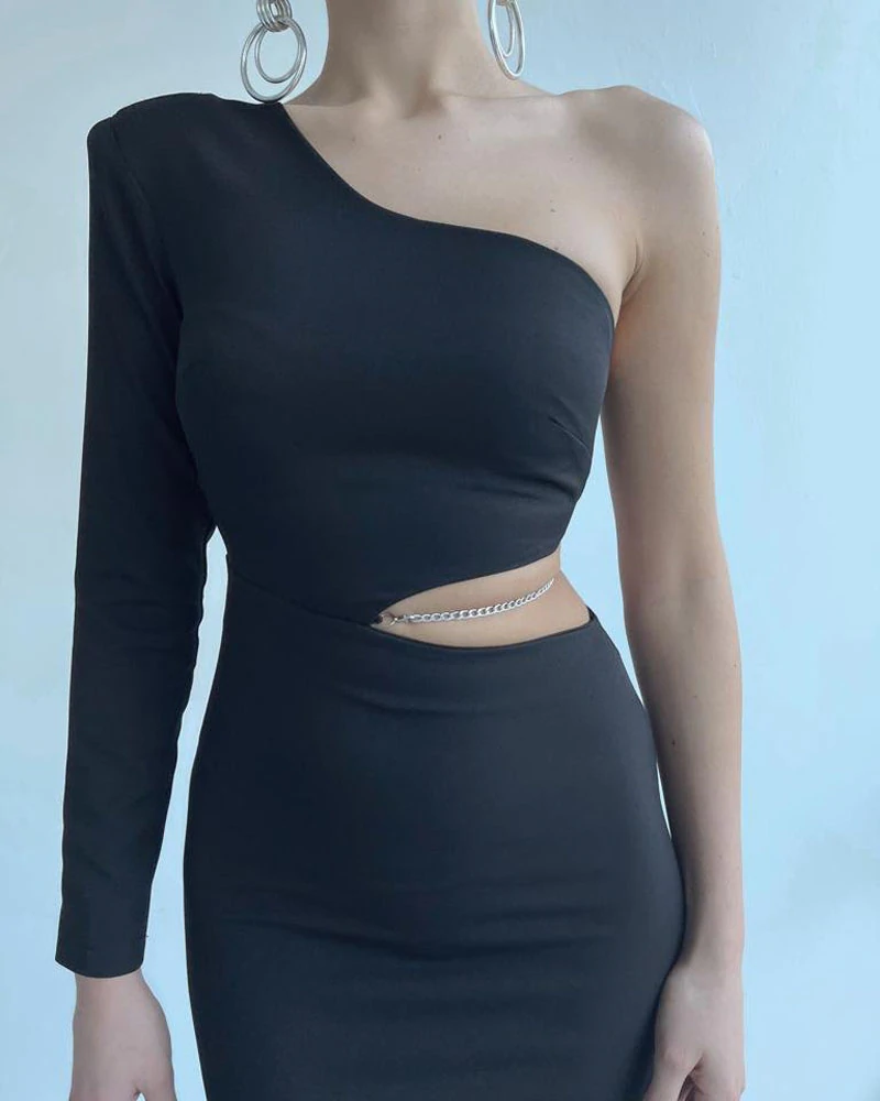 One Shoulder Chain Decor Cutout Bodycon Dress Party Dress