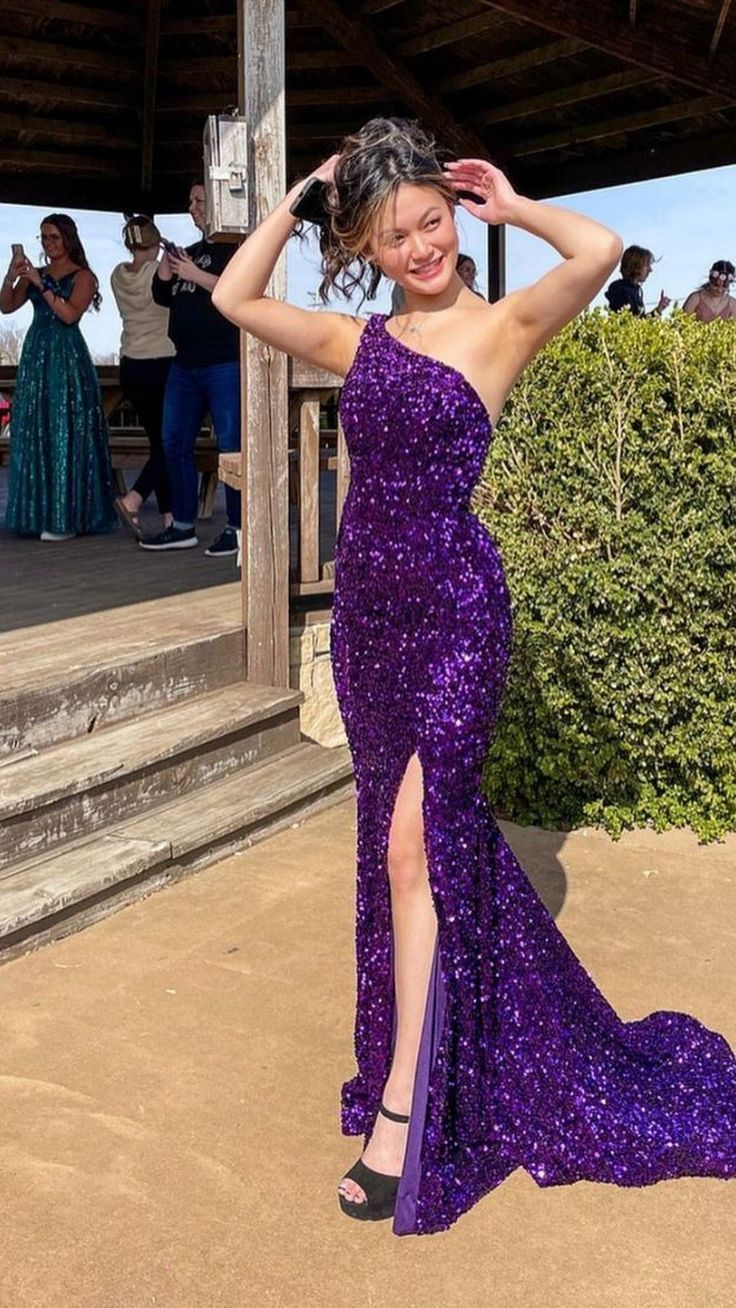 Chic One Shoulder Purple Sequin Mermaid Slit Evening Dress Long Wedding Guest Dress