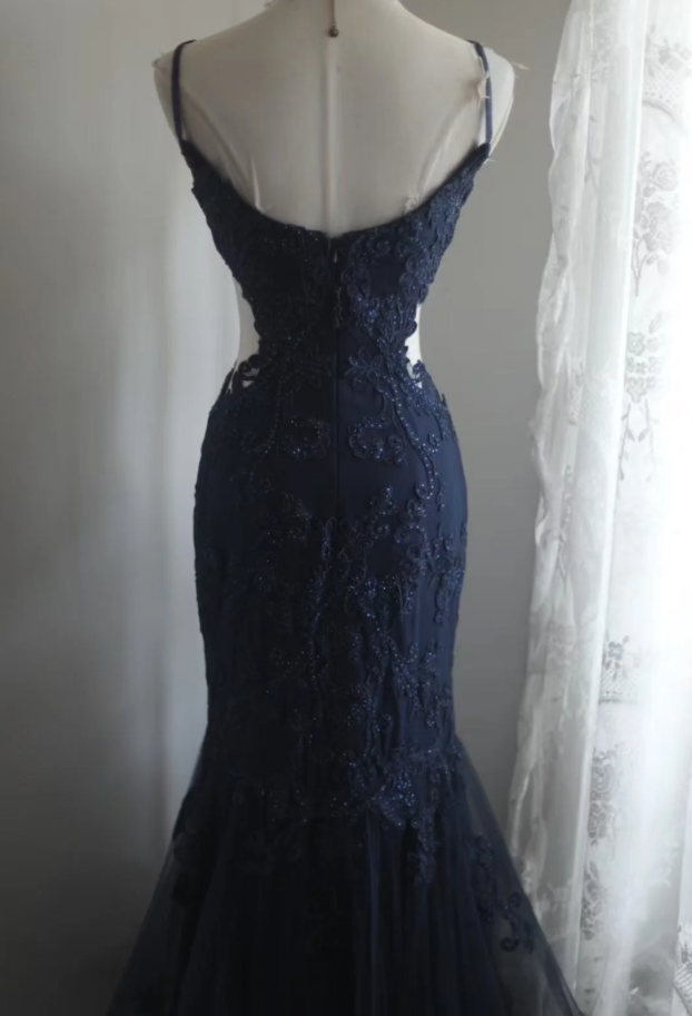 Elegant Spaghetti Straps Navy Blue Tulle Lace Appliques Mermaid Evening Dress Birthday Outfits