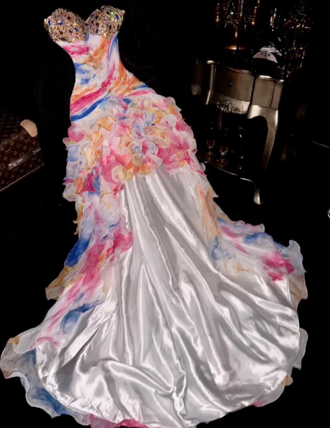 Chic Strapless Beaded Colorful Chiffon Ruffles Mermaid Party Dress Long Prom Dresses