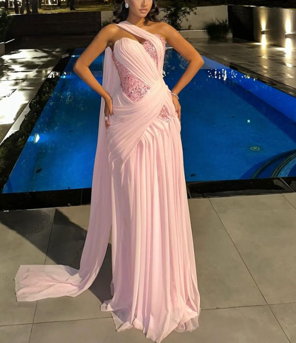 Pretty Pink Chiffon Beaded Mermaid Long Evening Dress Formal Wedding Guest Dress