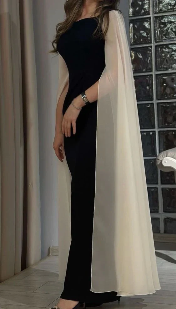 Beautiful Black Satin Chiffon Sheath Evening Dress Elegant Formal Prom Party Dress