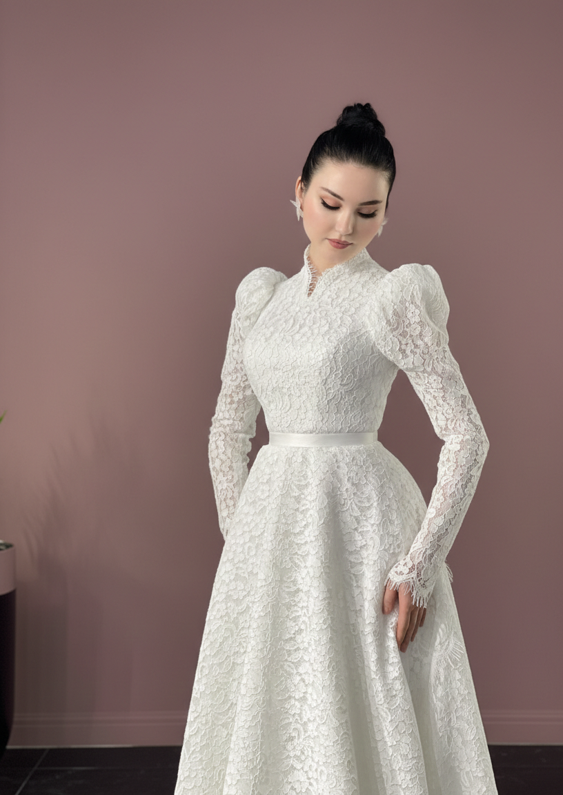 Designer Muslim Wedding Dress Silk Modest Hand Stitched Luxury