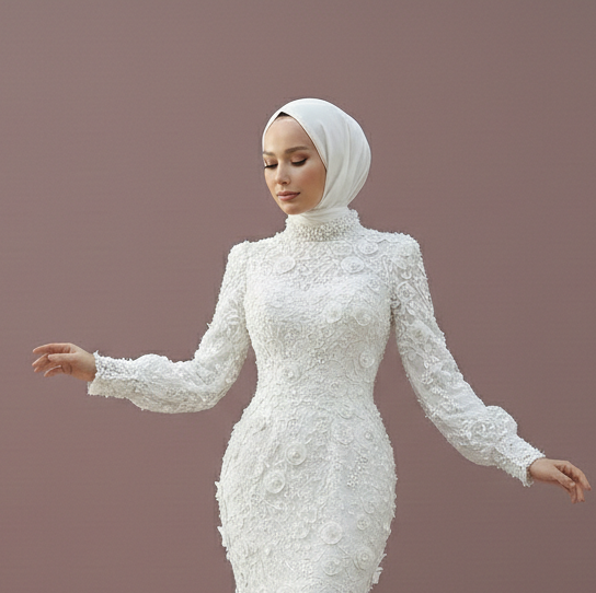 Tea Rose Muslim Wedding Dress Floral Modest Lace Mermaid Wedding Dress