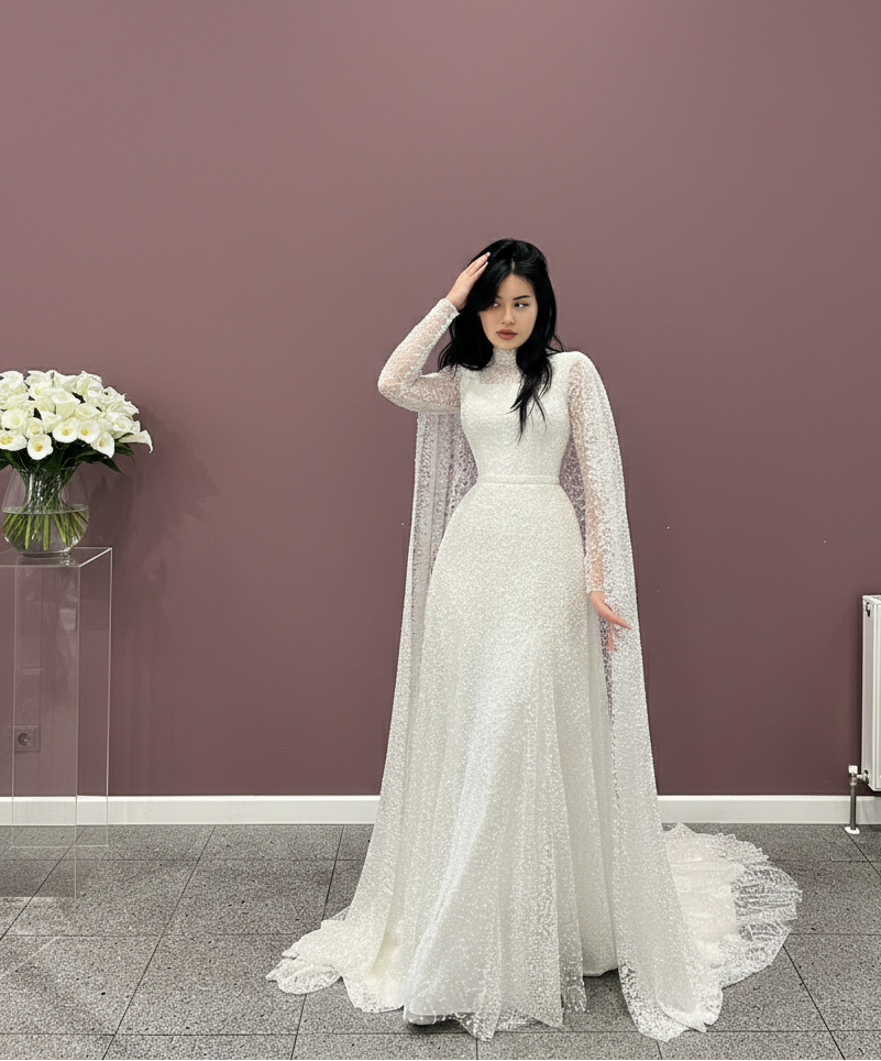 Modest High Neck Sleeve Wedding Dress Muslim Lace Full Coverage