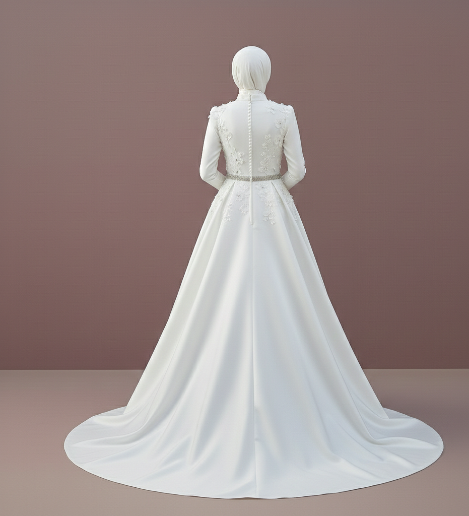 High Neck Muslim Wedding Dress Modest Elegant Satin Gown