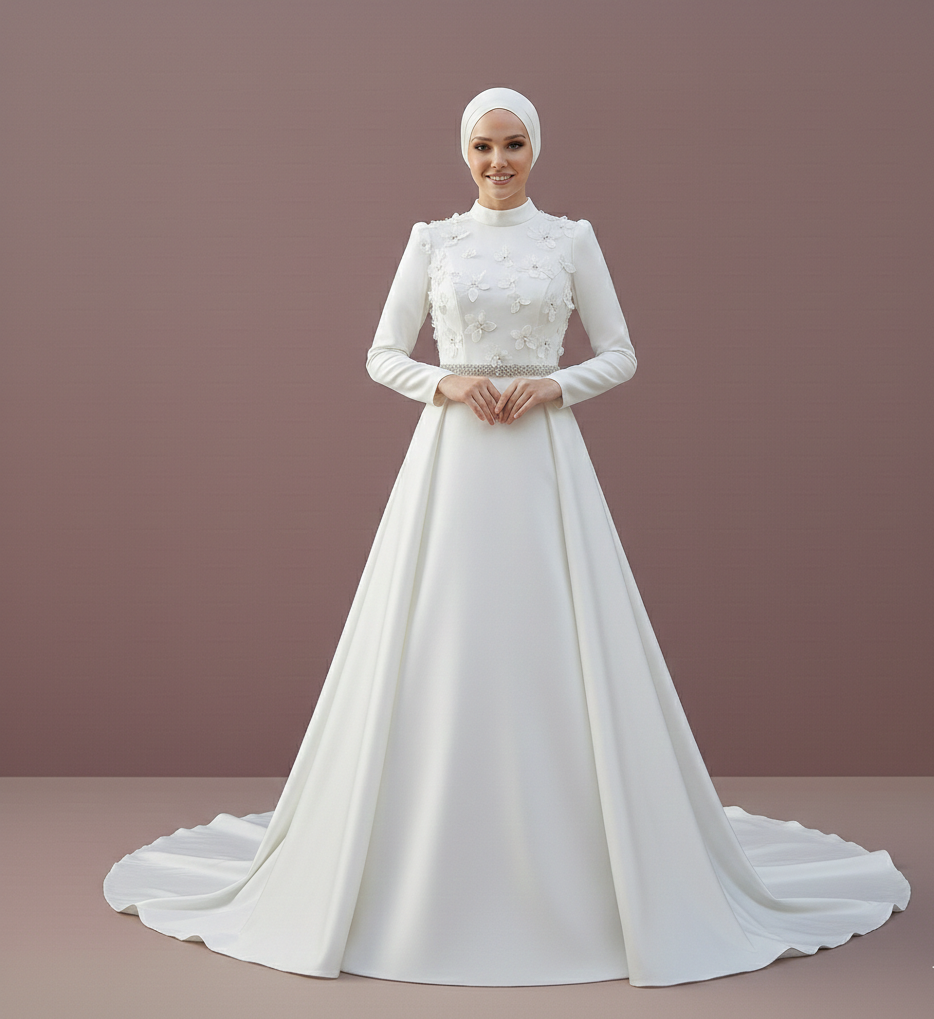 High Neck Muslim Wedding Dress Modest Elegant Satin Gown