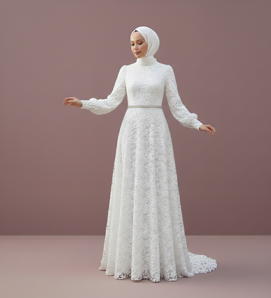 Modest Beach Muslim Wedding Dress Lace Crochet Outdoor Bridal