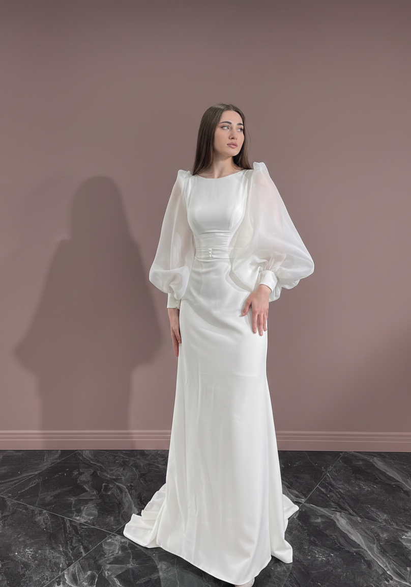 Modest Rustic Sleeve Wedding Dress Muslim Style Lace Trim Bridal