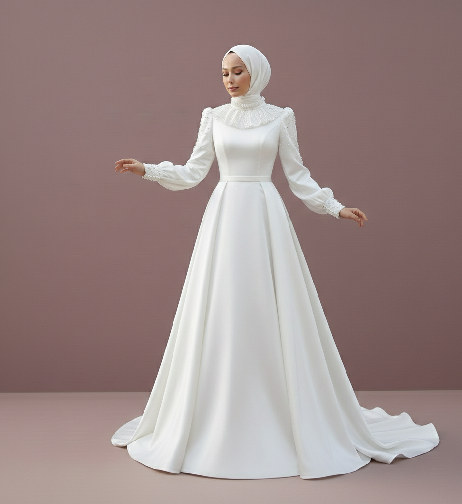 Full Coverage Wedding Dress Muslim Modest Long Train Satin Wear