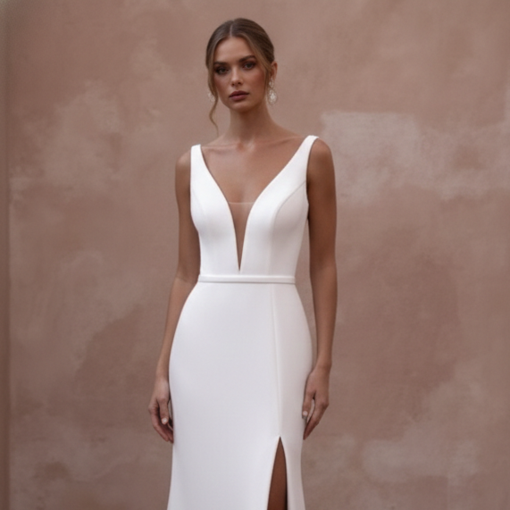 Simple Slit Wedding Dress Sleeveless Modern Bridal Wear