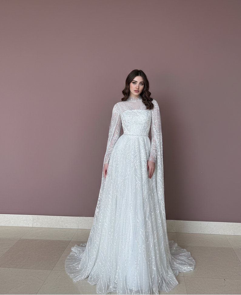 Long Sleeve Wedding Dress Muslim High Neck Modest Alternative White
