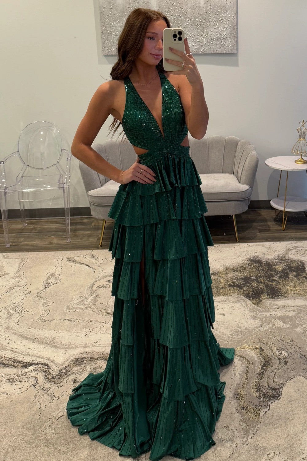 Sparkly A Line Halter Neck Long Tiered Dark Green Beaded Prom Dress with High Slit