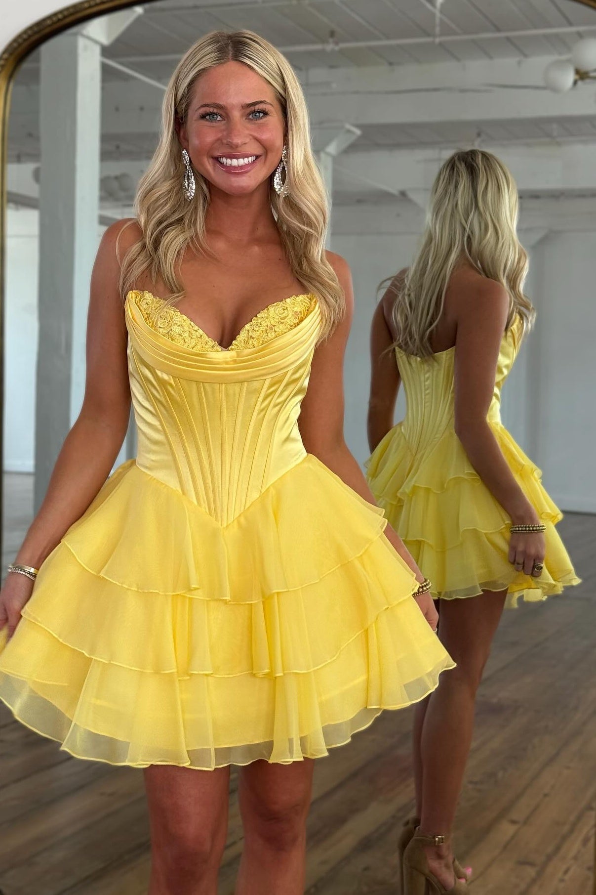 Gorgeous A Line Sweetheart Yellow Corset Homecoming Dress with Appliques Ruffles
