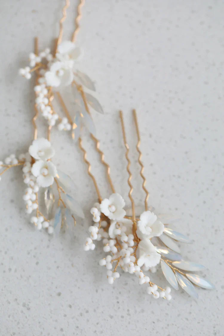 Porcelain Flower Hair Pins Clips Opal Head Pieces Gold Silver Color Hairpins For Brides Women Bridal Jewelry Wedding Accessories