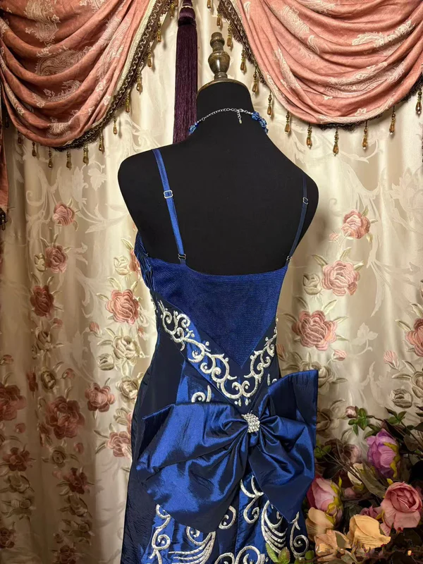 Vintage Spaghetti Straps Blue Satin Beaded Mermaid Evening Dress Long Prom Gown