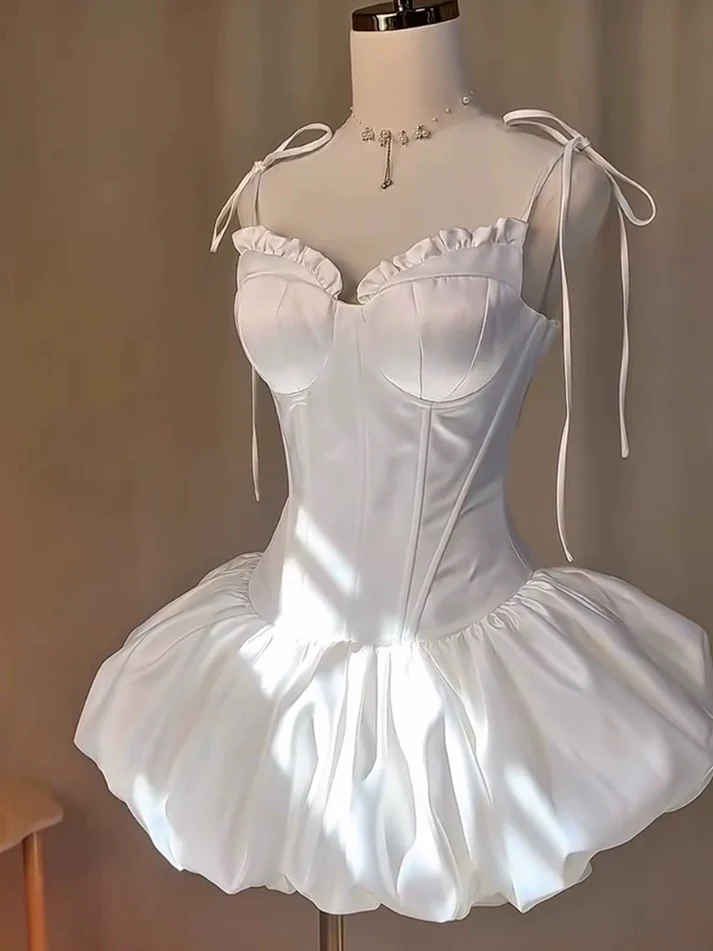 Cute Spaghetti Straps A Line White Satin 7th Grade Homecoming Dress Short Birthday Party Dress