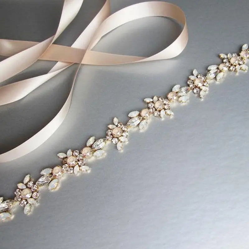 Opal Crystal Wedding Belts Sash Rose Gold Silver Color Bridal White Ivory Champagne Ribbon Party Dress Jewelry Bride Accessories