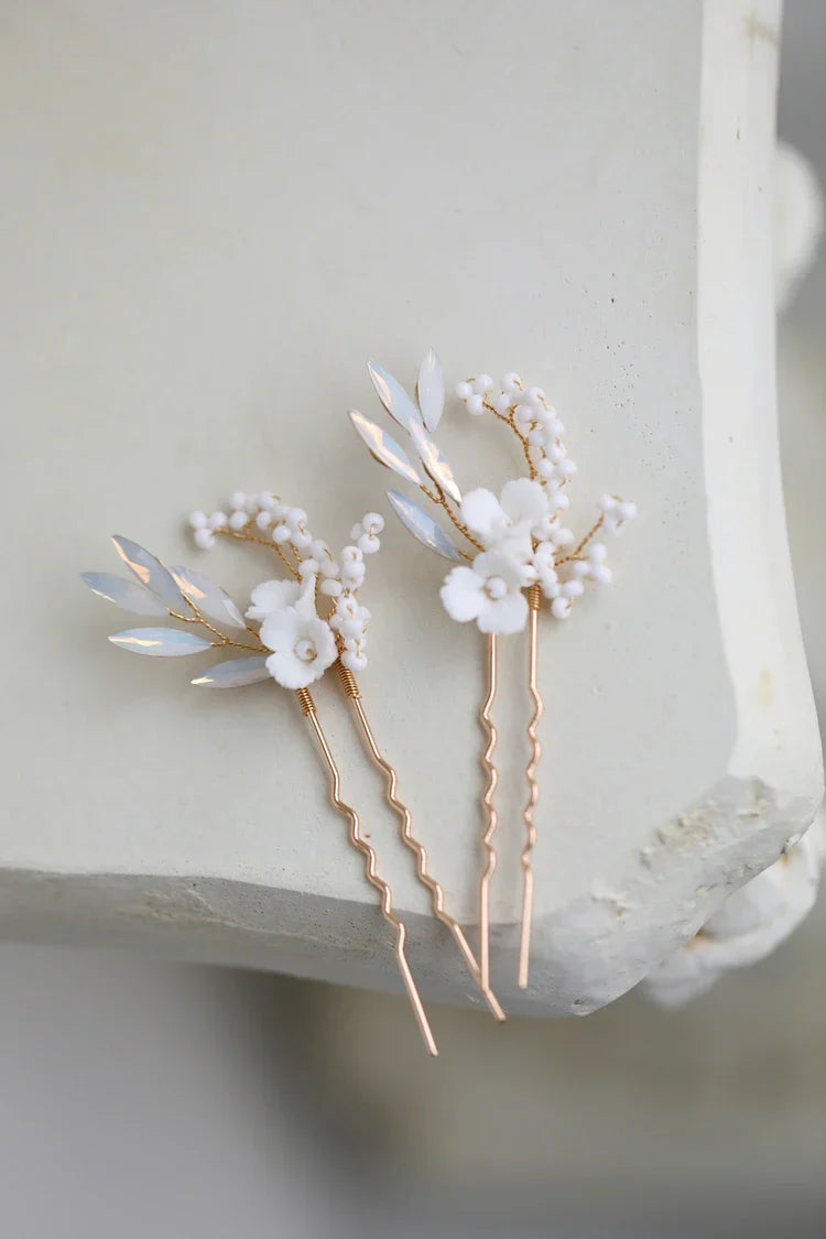 Porcelain Flower Hair Pins Clips Opal Head Pieces Gold Silver Color Hairpins For Brides Women Bridal Jewelry Wedding Accessories
