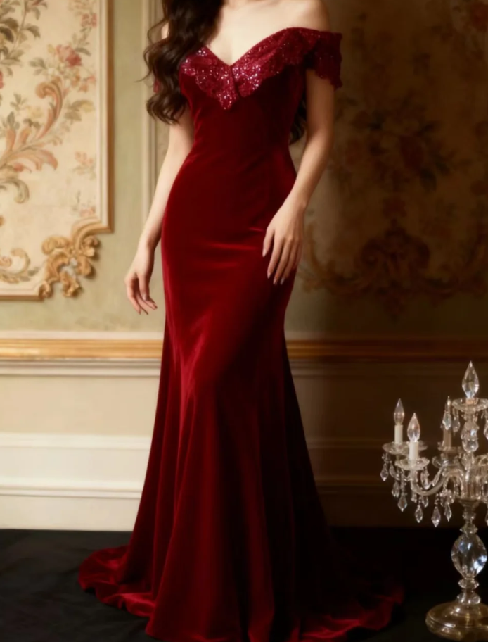 Classy Off The Shoulder Red Velvet Mermaid Long Evening Dress Formal Birthday Prom Dress