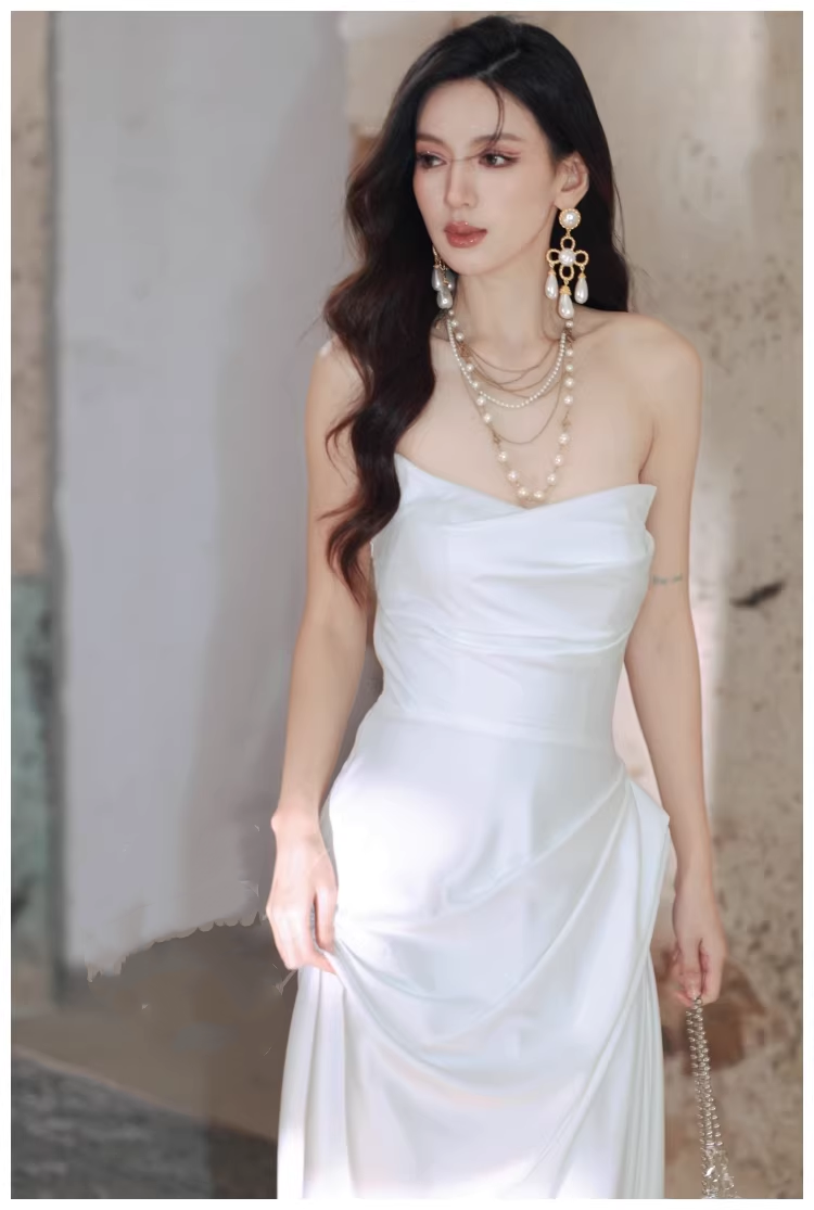 Charming Strapless Satin Pleated Mermaid Long Evening Dress White 19th Birthday Outfits