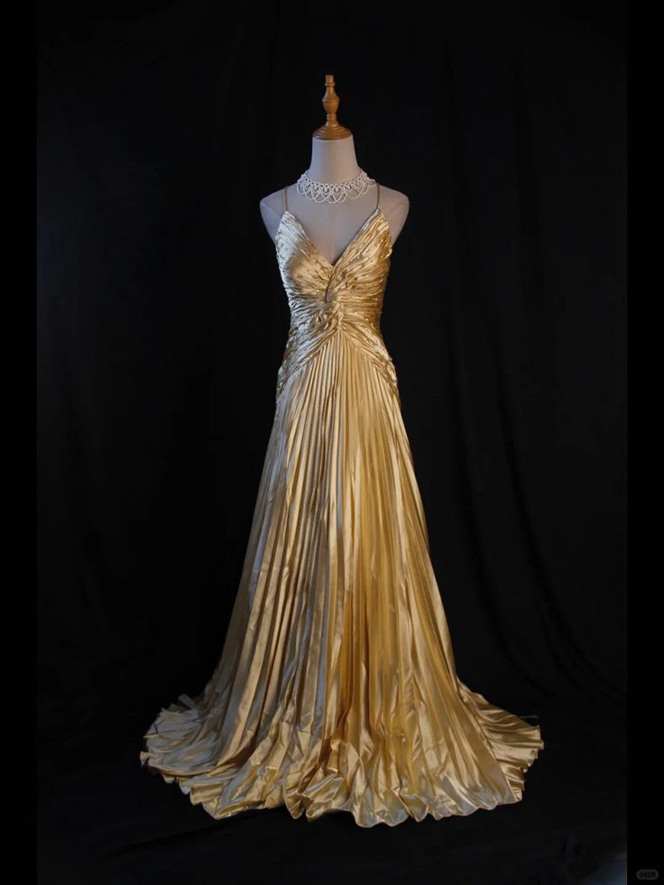 Gorgeous Gold Satin Pleated Party Prom Dress,Formal Evening Gown With Beaded