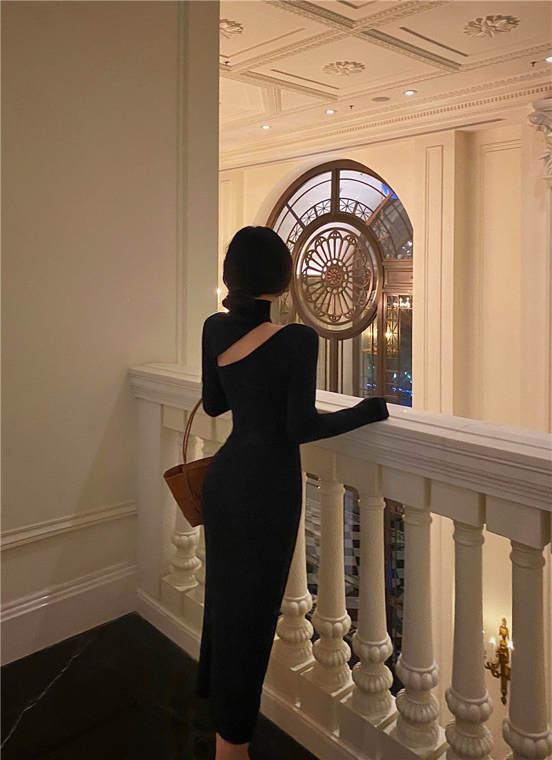 Black Sexy Off Shoulder Dress Women Vintage Elegant Highneck All Match Long Sleeve Bodycon Dresses Femme Party Dress Black Prom Dress