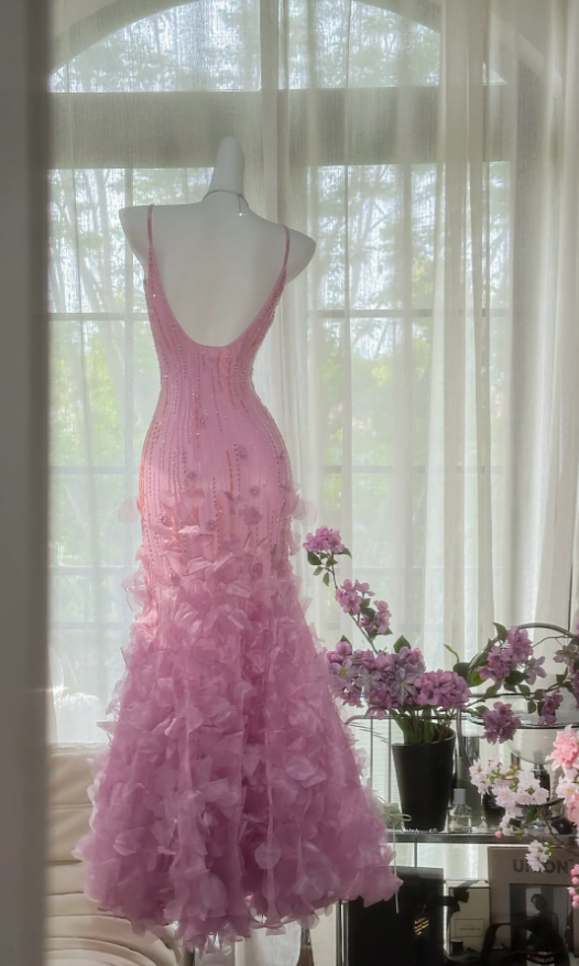 Charming Pink Spaghetti Straps Chiffon Beaded Mermaid Long Party Dress Evening Gown