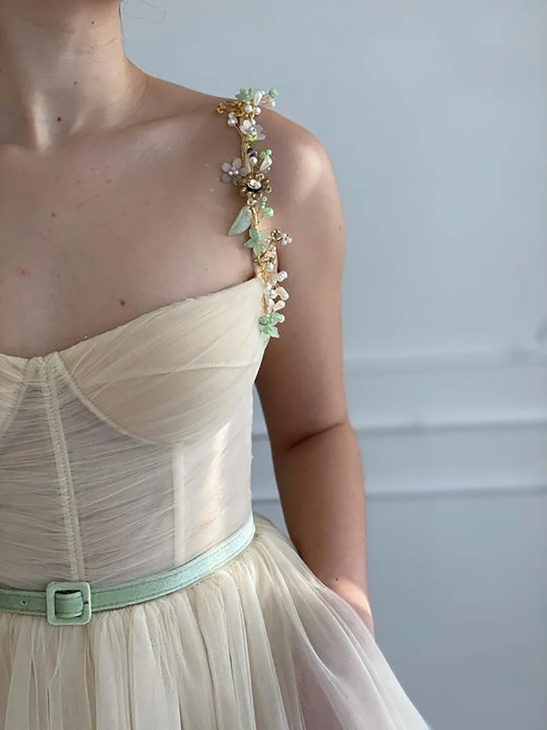 Beige Fairy Tulle Prom Dress Beads Straps Fairy Prom Gown, Handmade Tea-length A-Line Tulle Ball Gown Wedding Dress