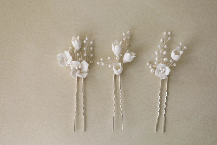 Bridal Jewelry Porcelain Flower Hairpins Silver Color Hair Pin Clip For Brides Bridesmaids Women Head Pieces Wedding Accessories