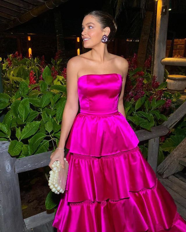 Gorgeous Strapless Satin Layered Party Evening Dress Hot Pink A Line Prom Dress