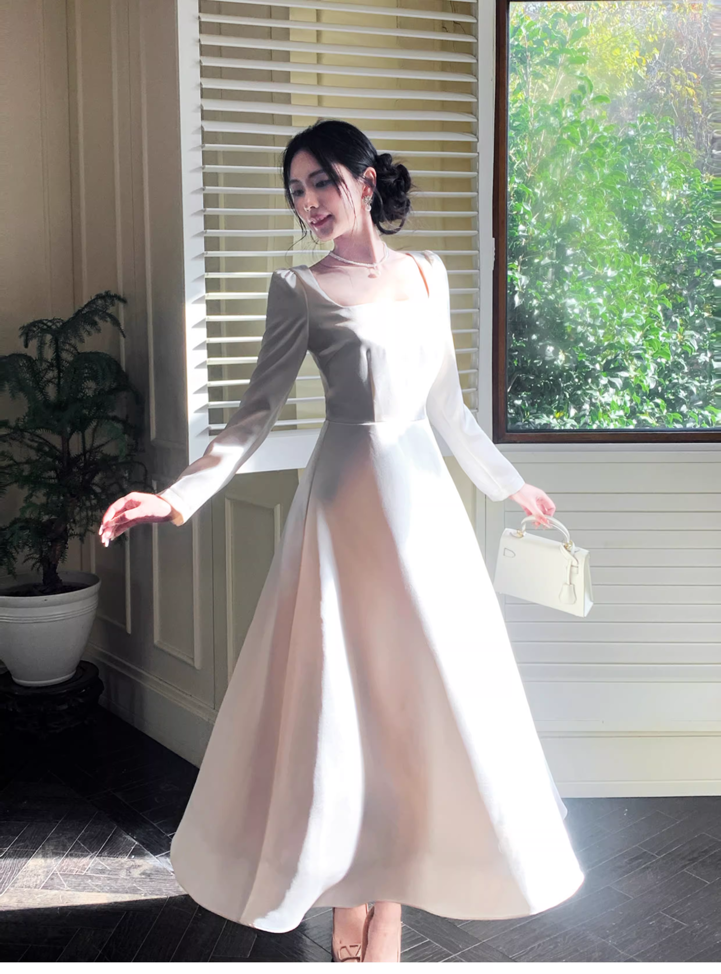Elegant Square White Satin A Line Long Party Dress Evening Dress