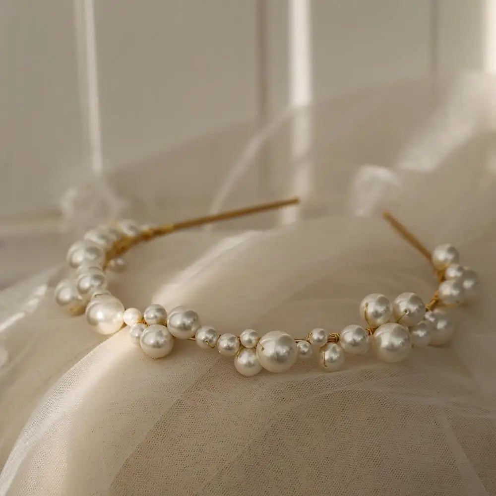 Pearls Beaded Headband Headpiece Vintage Tiara Crown For Brides Women Headwear Hairband Wedding Accessories Bridal Hair Jewelry