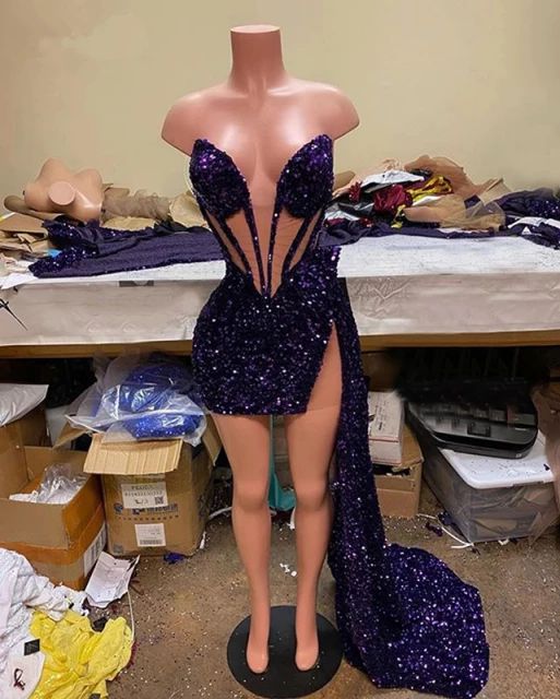 Hot Sale Sparkly Purple Sequin Party Dress Sleeveless Real Picture African Black Girl Short Prom Dresses