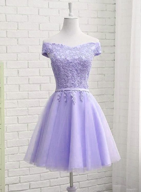 Light Purple Tulle Short Homecoming Dress Cute Off Shoulder Party Dress
