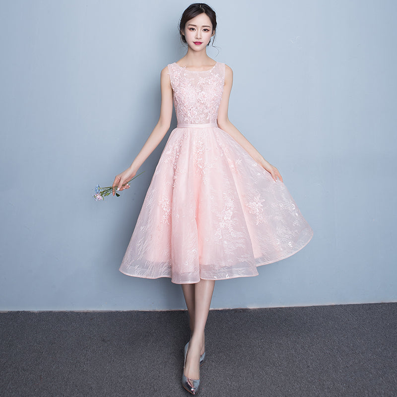 Pink round neck lace party dress, lace homecoming dress