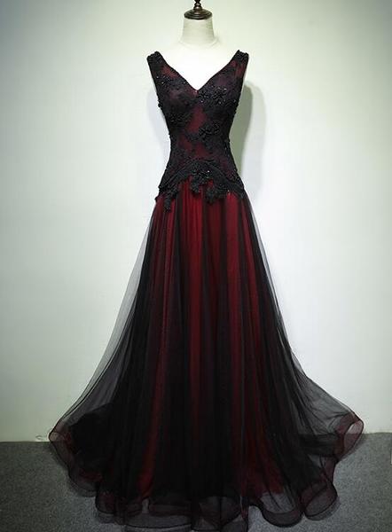 Gorgeous Black And Red V-Neckline Tulle Beaded Prom Dress, Long Evening Dress