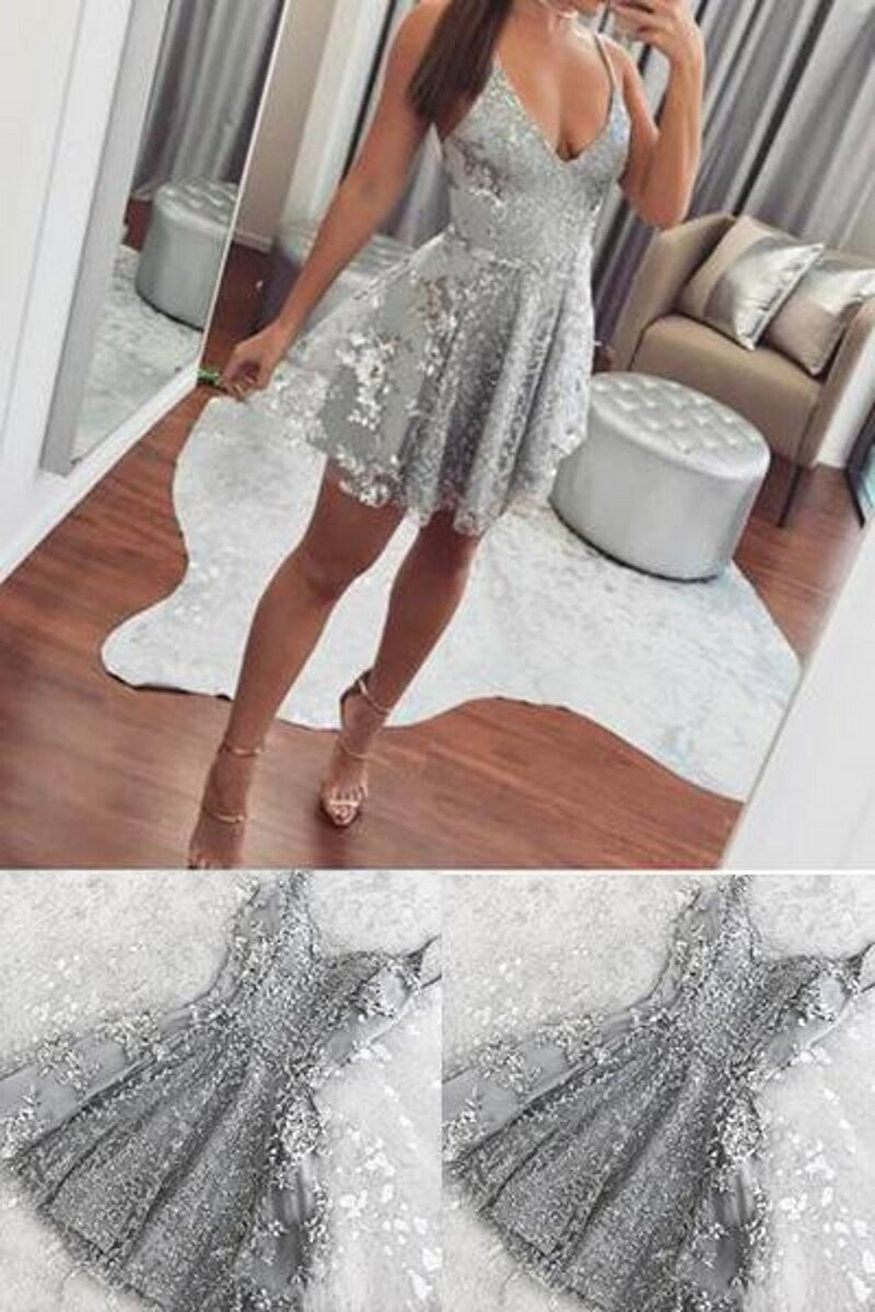 Silver Sequin Lace V Neck Tulle Dresses Short Homecoming Dress