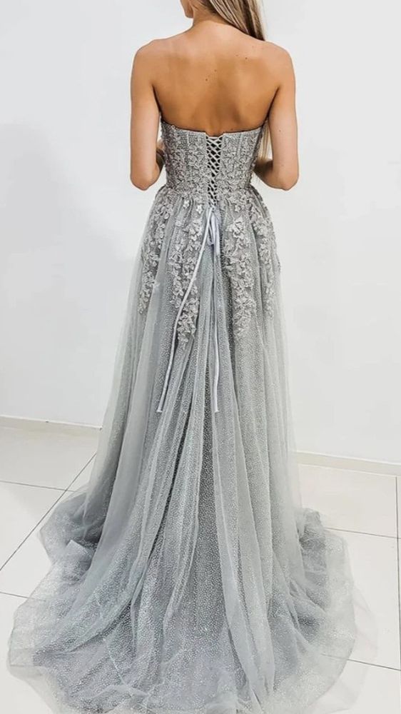 Gray tulle lace long A line prom dress evening dress